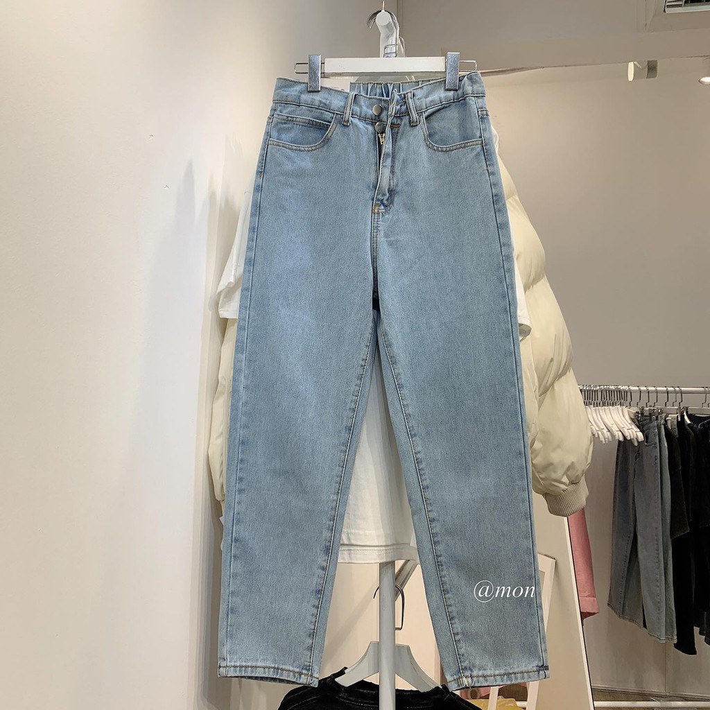 2101353 Quần baggy jeans nữ ulzzang ống vừa dáng đứng phối chun sau 2 màu xanh, be có size | BigBuy360 - bigbuy360.vn