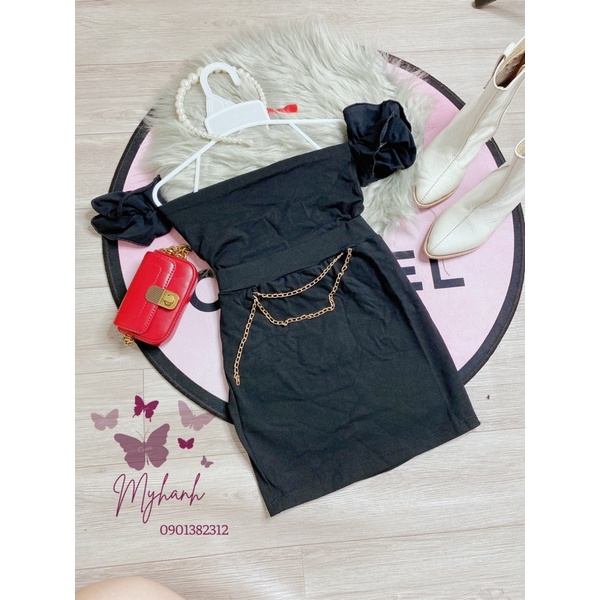 set áo bẹt vai + chân váy bút chì kèm dây xích cho bé siêu đẹp
