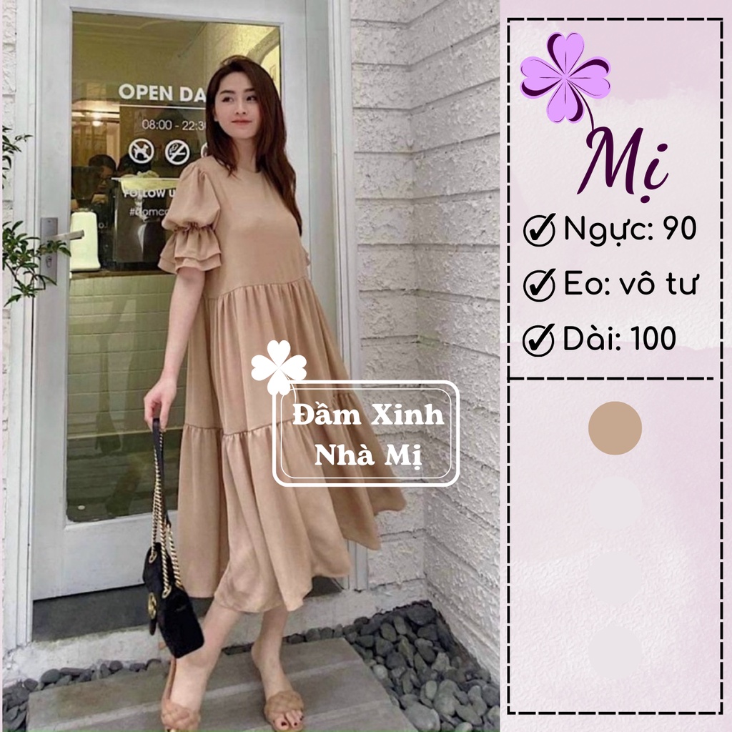 (Hình Thật) Đầm Suông Đi Biển Dáng Dài Qua Gối Trẻ Trung, Đầm Suông Bầu Dáng Chữ A Tay Bo Chun Sang Chảnh Màu Be
