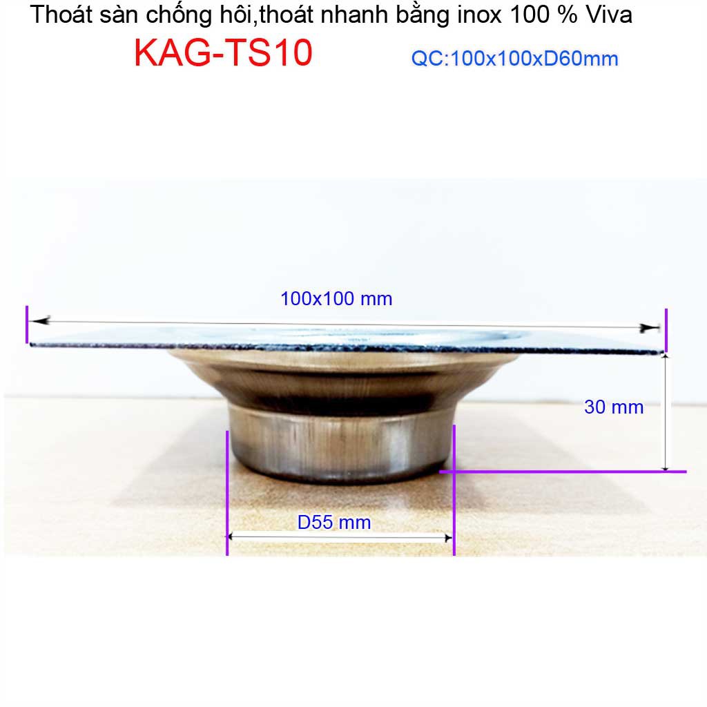 Hố ga thoát sàn Viva ống 6cm Inox mờ, phễu thoát nước chống hôi vuông 10x10cm KAG-TS10