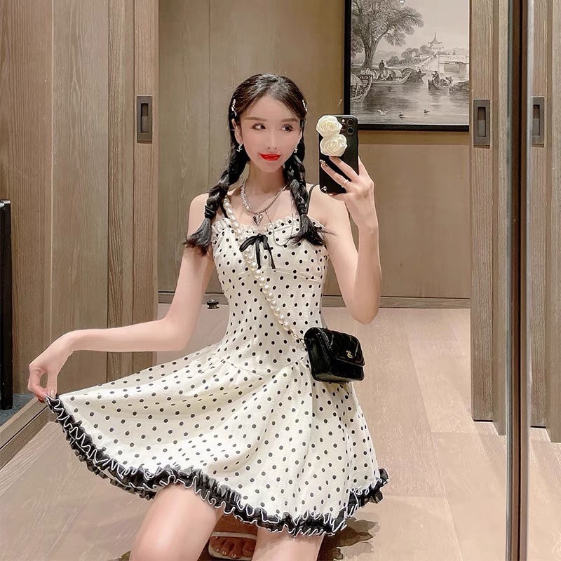 Đầm Hai Dây Thắt Nơ Họa Tiết Chấm Bi Phong Cách Retro Nhật Bản Xinh Xắn