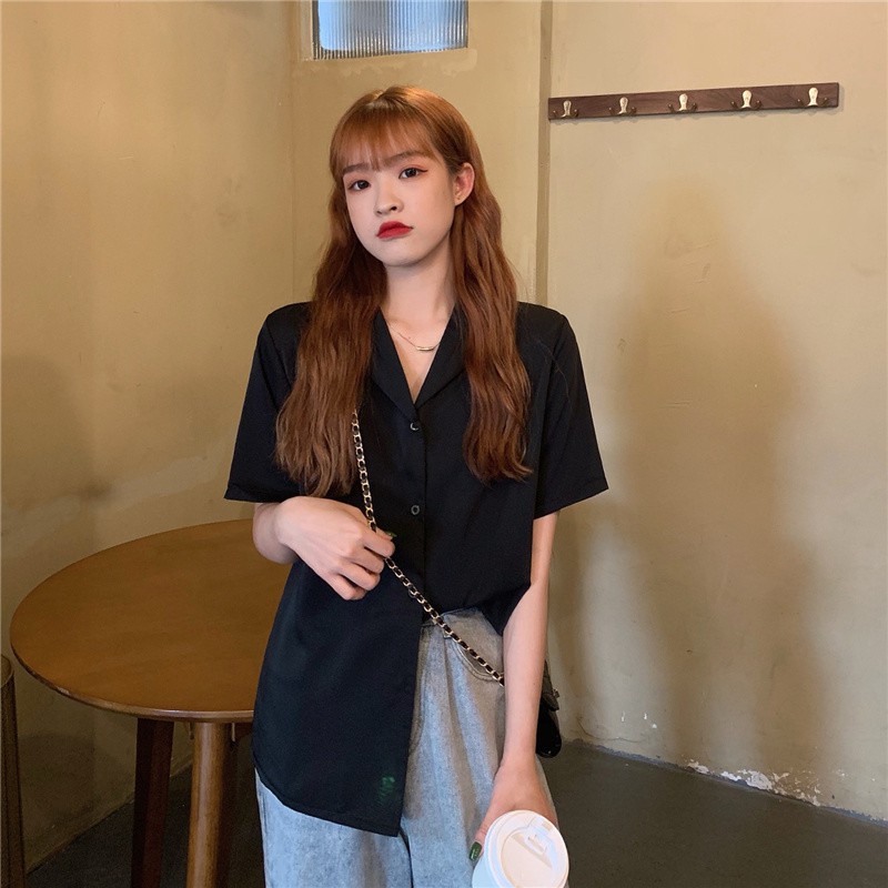 Áo sơ mi  Hàn mịn tay ngắn, tay cộc nhiều màu xiao-  cổ vest trơn quốc dân - cổ vest trơn
