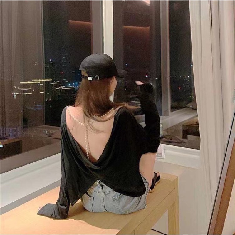 áo phông giấy mỏng oversize dáng rộng - kiểu xoắn lưng mix dây ngọc hở lưng sexy (8816#)