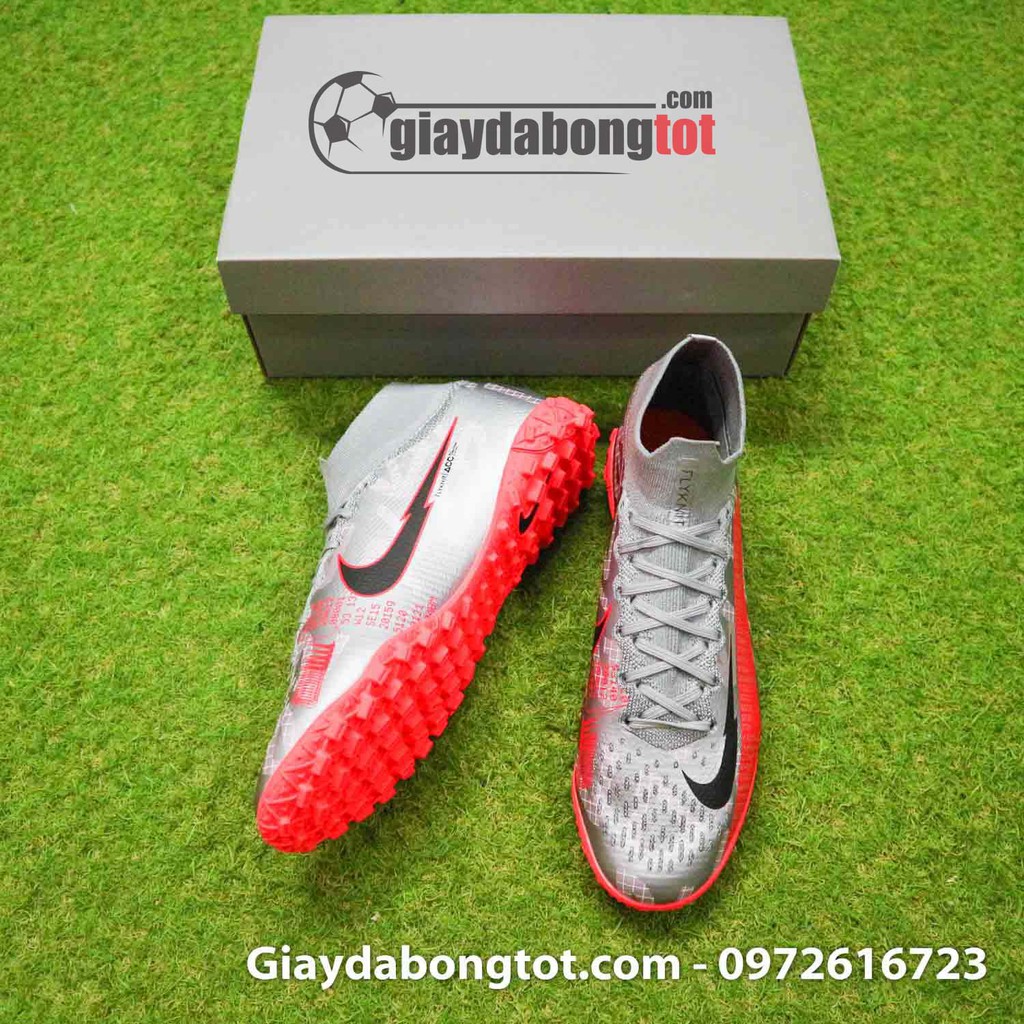 Giày Mercurial Superfly 7 Elite TF xám bạc vạch đỏ | Cổ thun ôm chân, độ bền cao, ảnh thật 100%