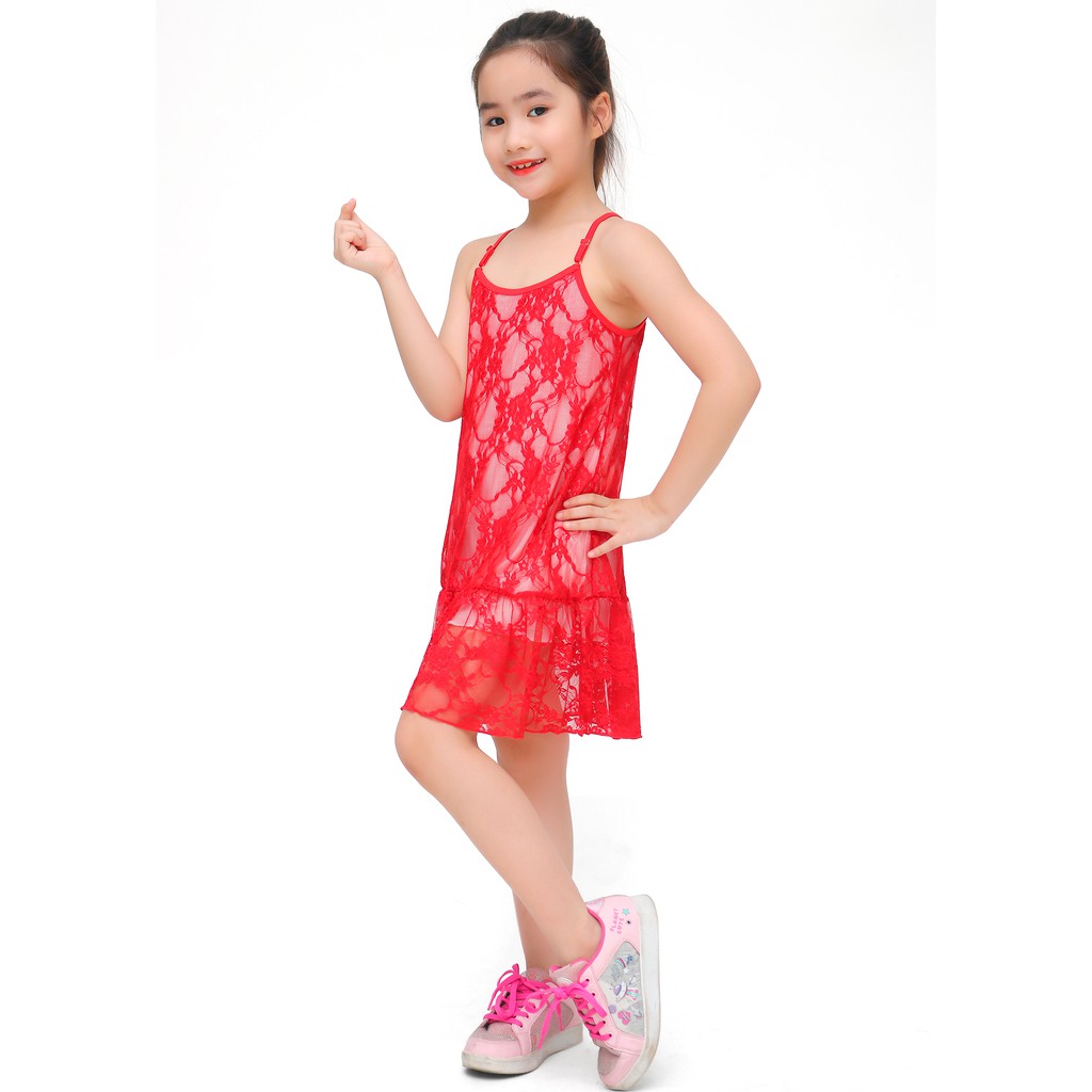 Váy hè bé gái Narsis KB0012 màu đỏ phối ren