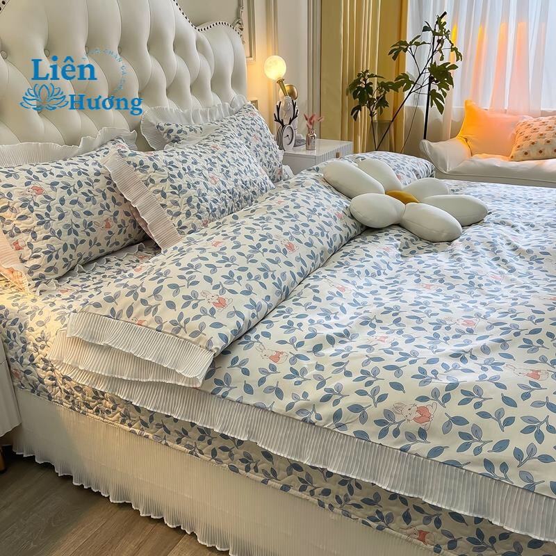 Bộ Ga Gối Cotton Trần Bông 3 Lớp Viền Bèo Dễ Thương - Ga Gối Cotton Oganic Phủ Viền Bèo Hàng Nhập Khẩu