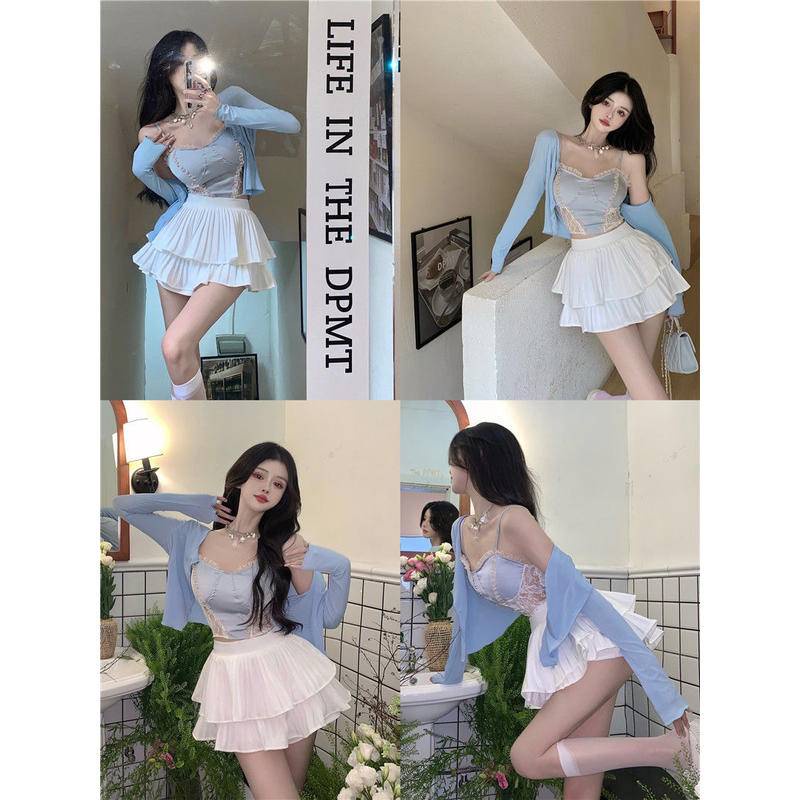 Bộ Đồ Áo Hai Dây REN Hot Girl Gợi Cảm Áo Mùa Hè Cho Nữ + Áo Khoác Cardigan + Váy Cạp Cao Cho Nữ