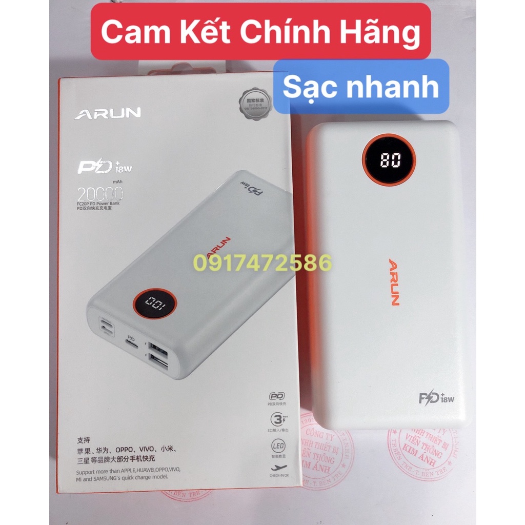 Sạc Dự Phòng Arun FC20P 20000 mAh (PD18W, QC3.0) Sạc Nhanh 2 Chiều Type C, Hàng chính hãng