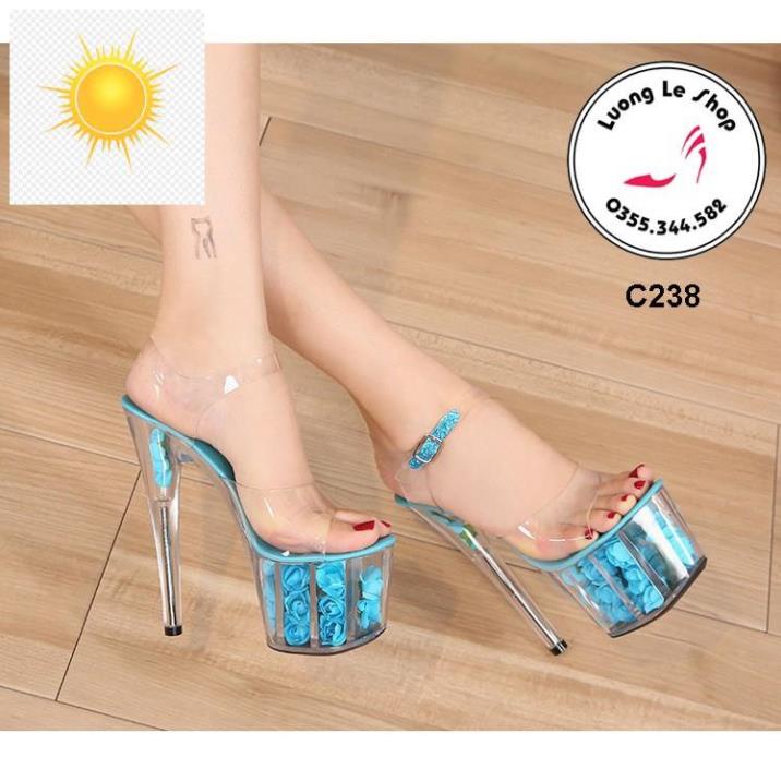 Giày cao gót 18cm gót nhọn quai trong hở mũi đế gắn hoa hồng nhiều màu ms C238