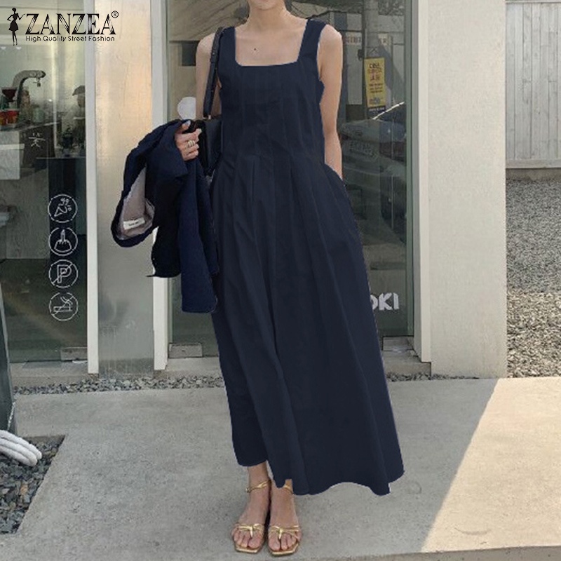 Đầm maxi ZANZEA không tay màu trơn dáng rộng thời trang cho nữ