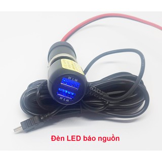 Tẩu cấp nguồn cho camera hành trình, chân Mini USB, tích hợp 2 cổng USB sạc điện thoại và các thiết bị điện tử khác