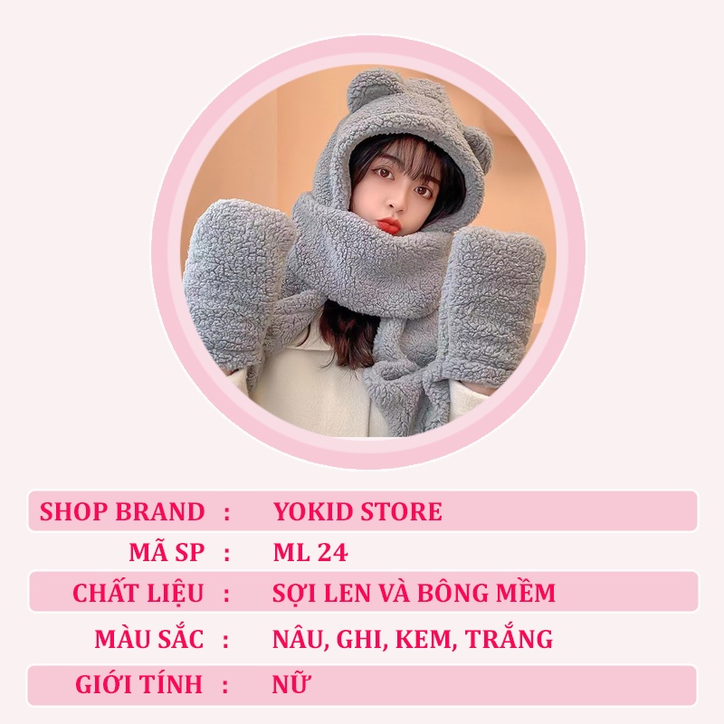 Mũ len nữ trùm đầu kèm khăn mặt gấu hàn quốc thời trang cao cấp giá rẻ - ML24