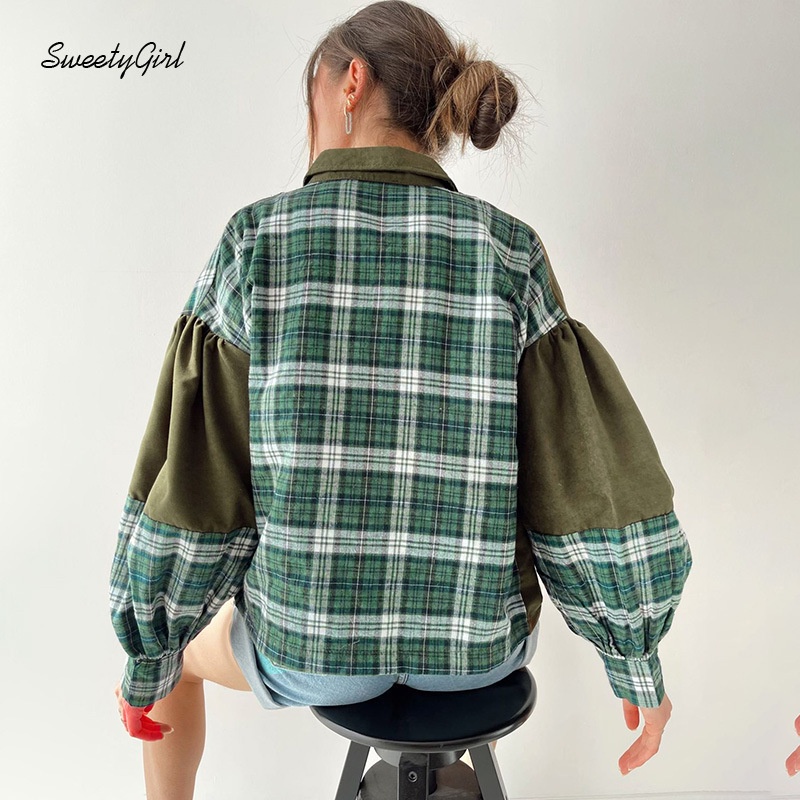 Áo Sơ Mi Tay Dài Họa Tiết Sọc Caro Màu Tương Phản Thời Trang Cho Nữ