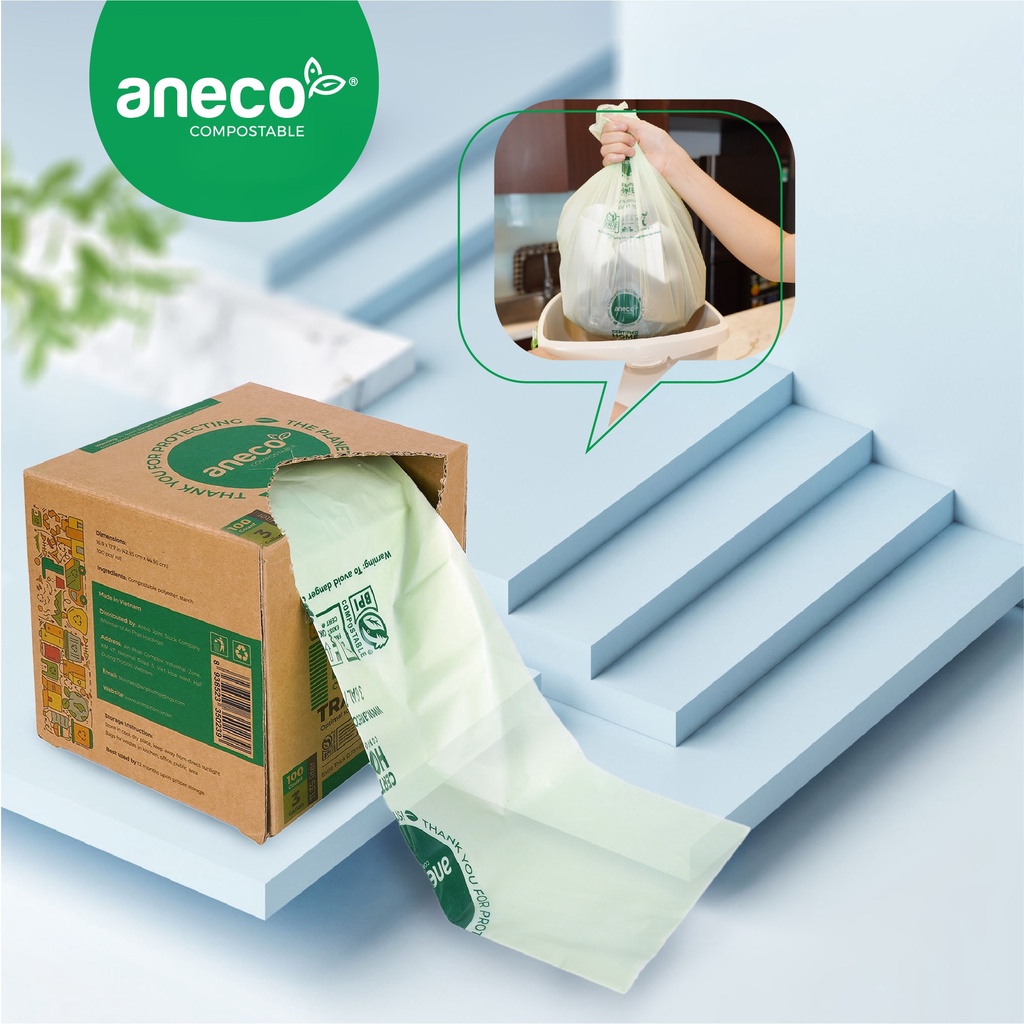 [Tự phân hủy 100%] Hộp túi rác cuộn ANECO 11.35 lít, Phân hủy sinh học - Không nhựa 100% - Bảo vệ môi trường (1kg)