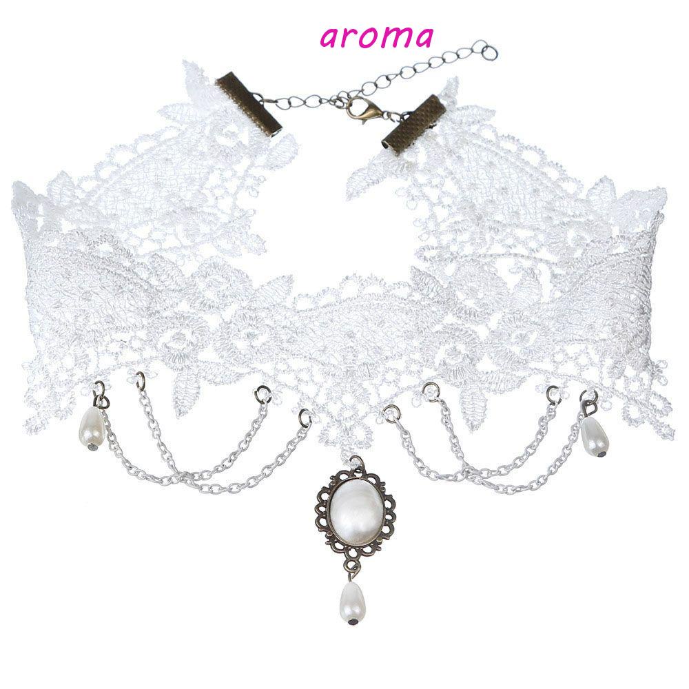 Vòng Cổ Choker Ren Trắng Đính Ngọc Trai Phong Cách Gothic Dành Cho Cô Dâu