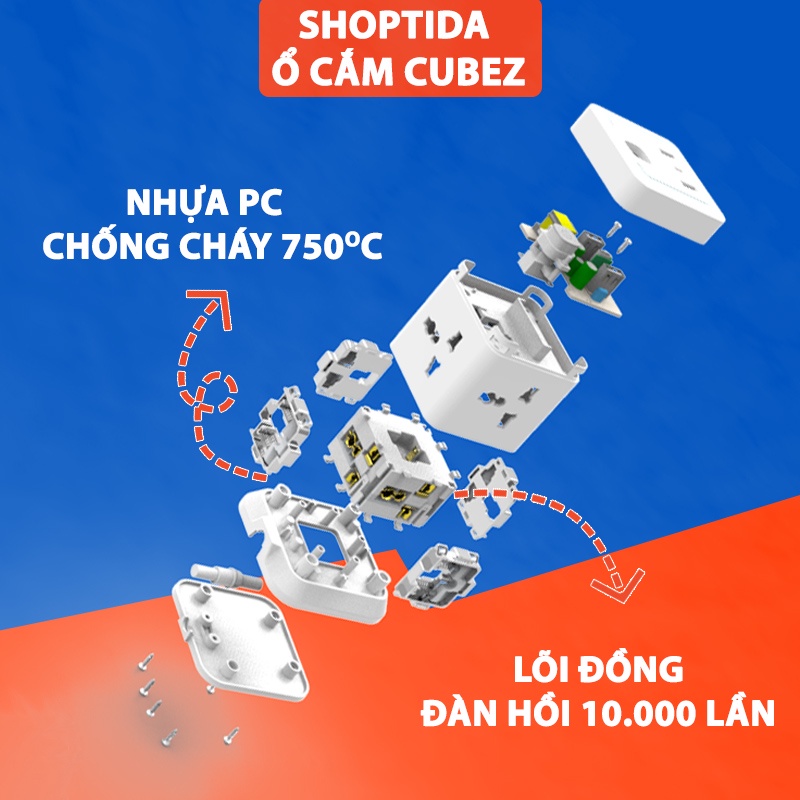 Combo 2 Ổ Cắm Điện Đa Năng CubeZ Shoptida 3 cổng USB sạc tối đa 12W và 4 Ổ Điện chịu tải 2500W Dây nối dài 2.4M