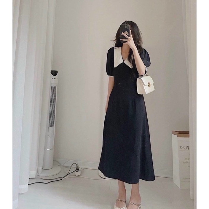 váy tiểu thư màu đen công sở dạo phố dây thắt nơ lưng