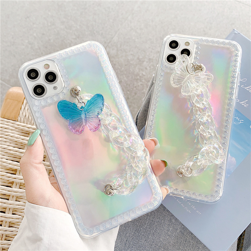 Ốp điện thoại mềm màu laser phối bươm bướm có dây đeo cho iPhone SE2 11 Pro MAX XS XR 7 8 Plus | BigBuy360 - bigbuy360.vn