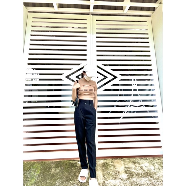 Quần baggy lưng cao hai nút khoá kéo trước thời trang