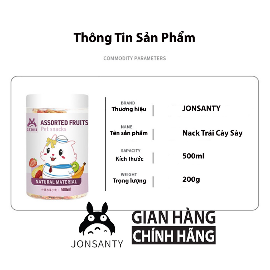 Trái cây sấy lạnh cho sóc bay, hamster, bọ ú, chinchila, nhím thú cưng nhỏ hàng hãng JONSANTY hộp 500ML