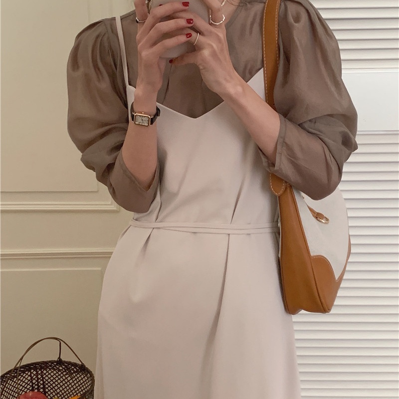 SUXI Bộ Áo Dài Tay + Đầm Hai Dây Màu Sắc Đơn Giản Phong Cách Hàn Quốc