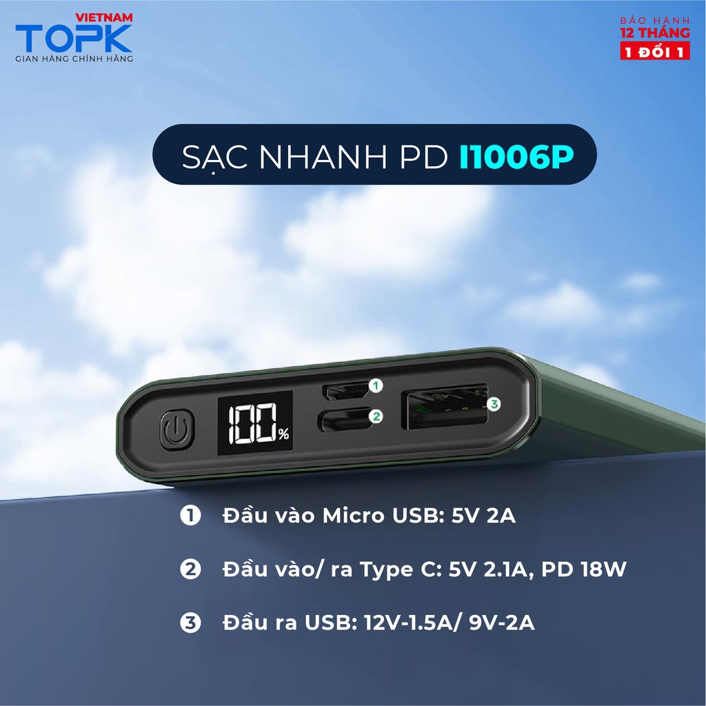 Sạc dự phòng TOPK I1006P 10000mAh - Sạc PD 18W - Màn hình LED - Hàng phân phối chính hãng - Bảo hành 12 tháng 1 đổi 1