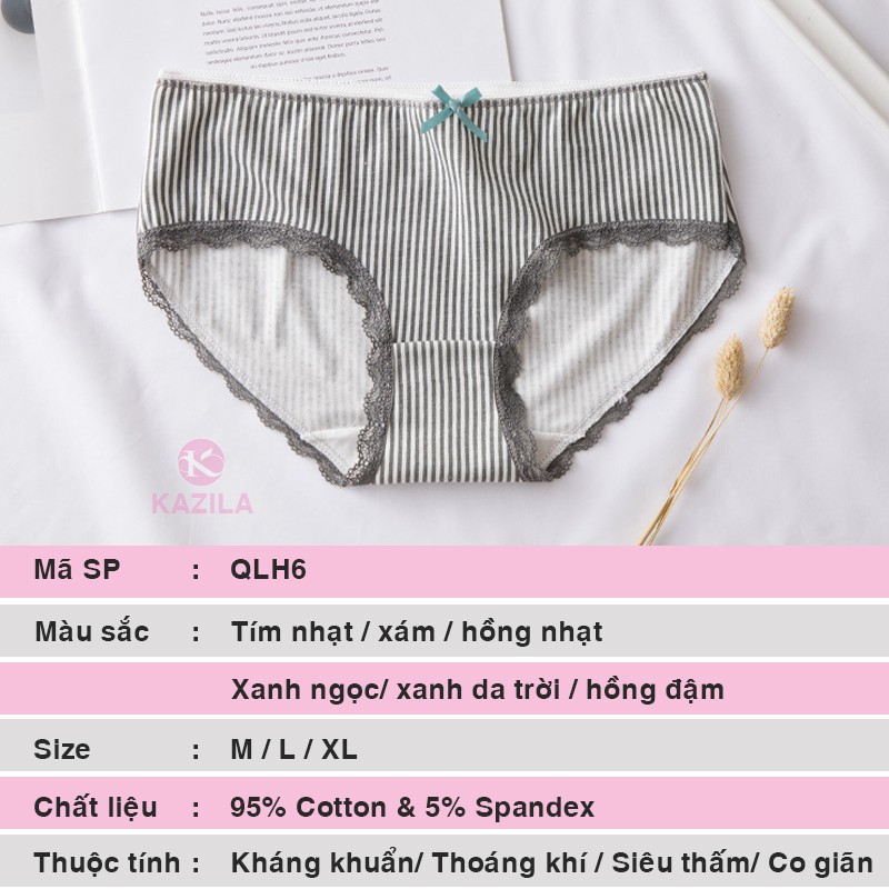 Quần lót nữ cotton cao cấp kẻ sọc ren đùi gắn nơ, quần xì nữ co giãn 4 chiều thoáng khí Kazila QLH6 | BigBuy360 - bigbuy360.vn