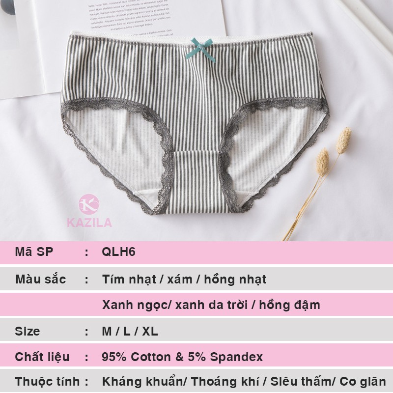 Quần lót nữ cotton cao cấp kẻ sọc ren đùi gắn nơ, quần xì nữ co giãn 4 chiều thoáng khí Kazila QLH6