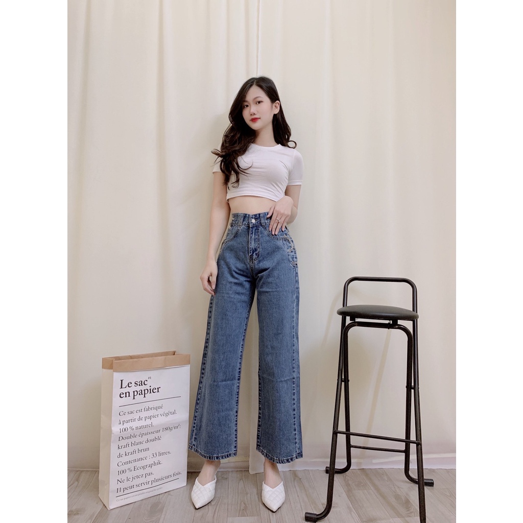 Quần jean nữ lưng cao ống rộng, đan dây xích cá tính, quần bò cạp cao skinny jeans bigsize | BigBuy360 - bigbuy360.vn