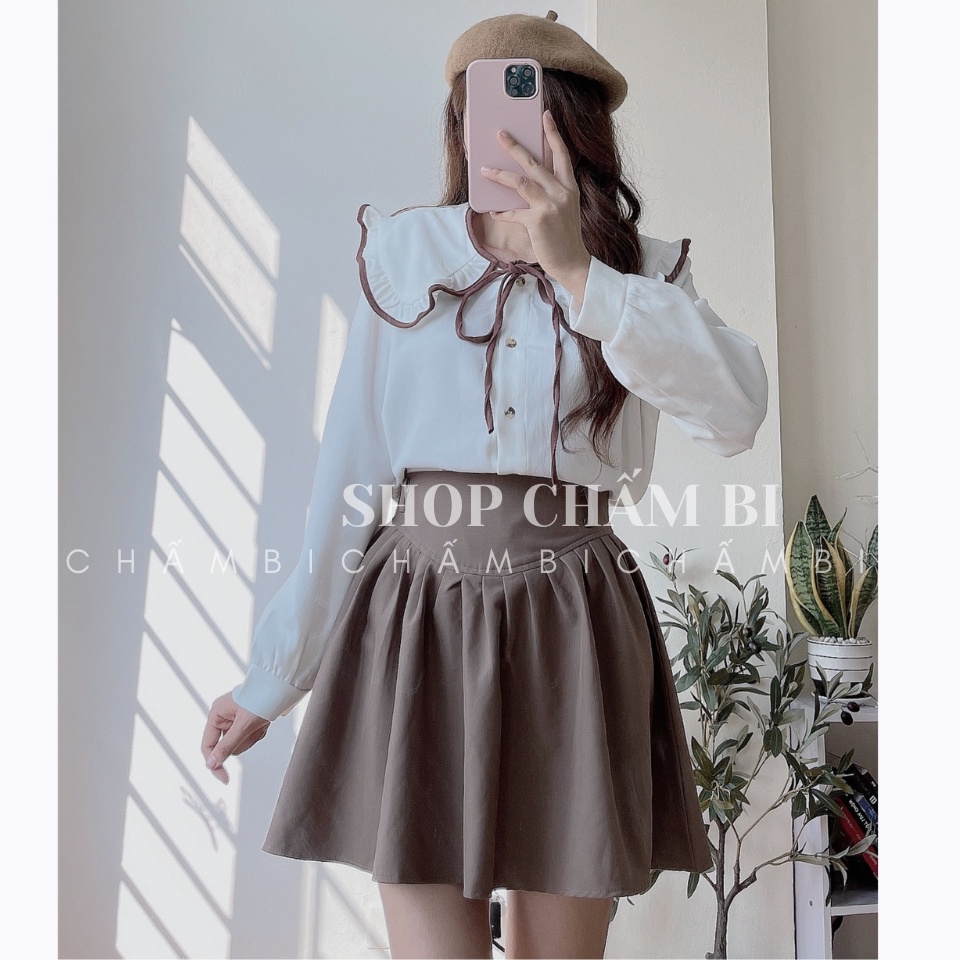 Áo sơ mi kiểu nữ A.273, Áo dài tay dạ nhung cổ thủy thủ bèo nhún viền nâu-be tiểu thư