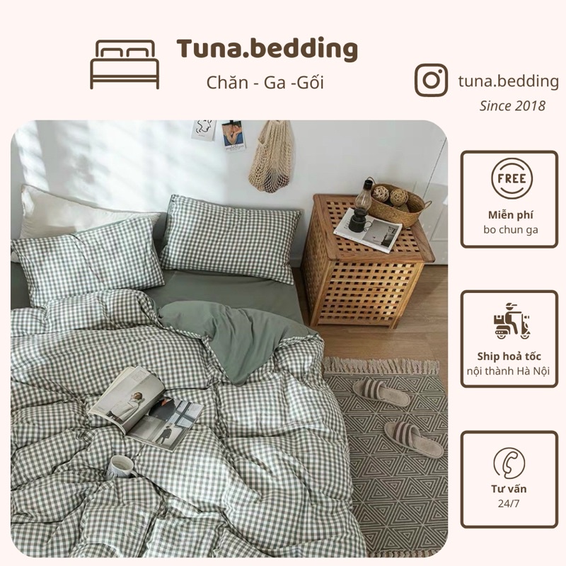 Bộ Chăn Ga Gối Kẻ Ô Gingham Xanh Chất Liệu Poly Cao Cấp
