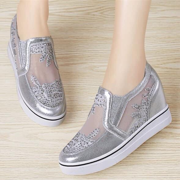 G1208 Xả kho giày lười nữ độn gót 6cm da thật phối lưới hàng nhập