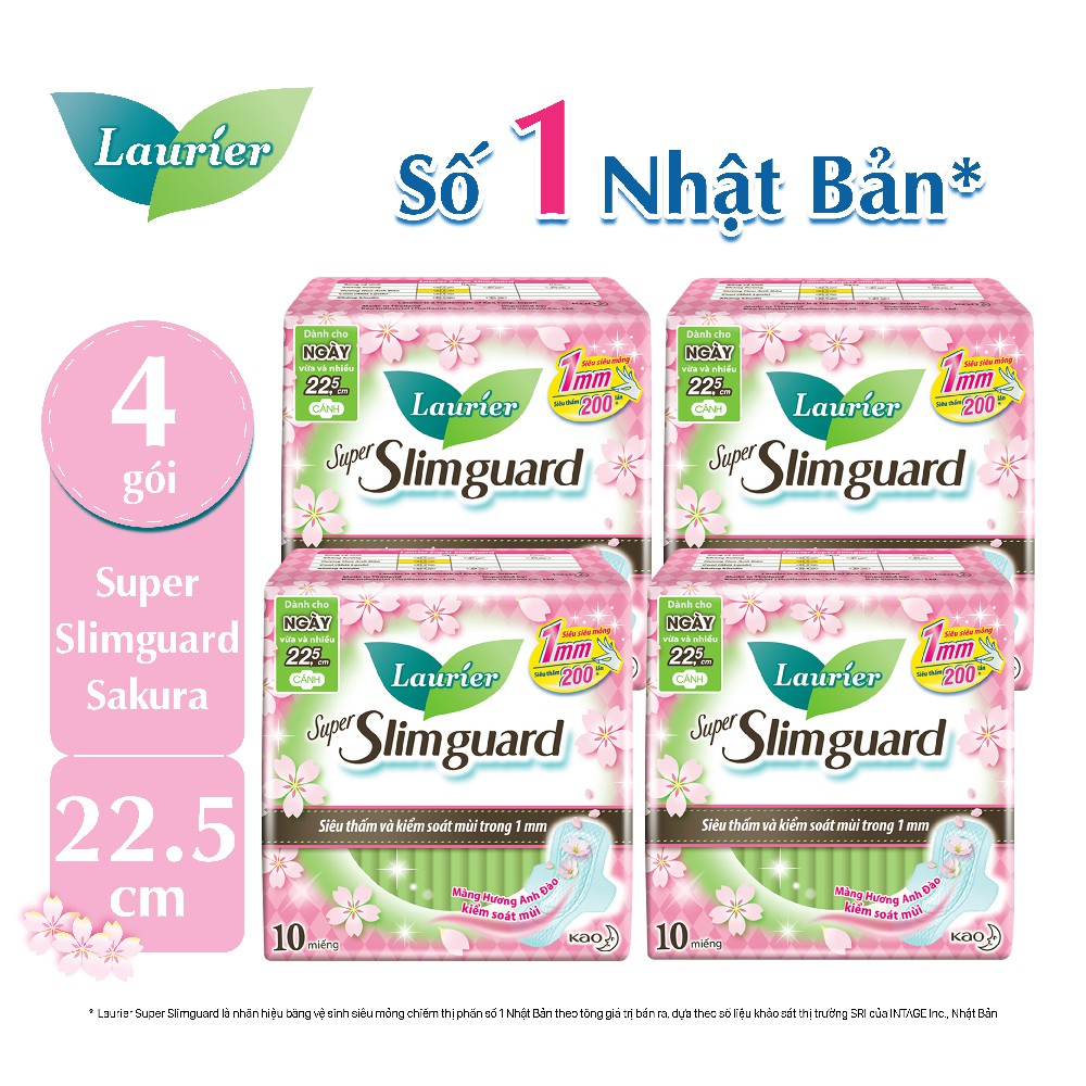 Combo 4 gói băng vệ sinh Laurier Siêu Mỏng Bảo Vệ Hương Anh Đào (22,5cm/miếng,10 miếng/gói)