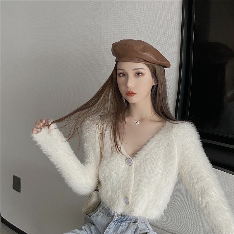 IELGYÁo Khoác Dệt Kim Dáng Rộng Cổ Chữ V Màu Trắng Thời Trang Cho Nữ