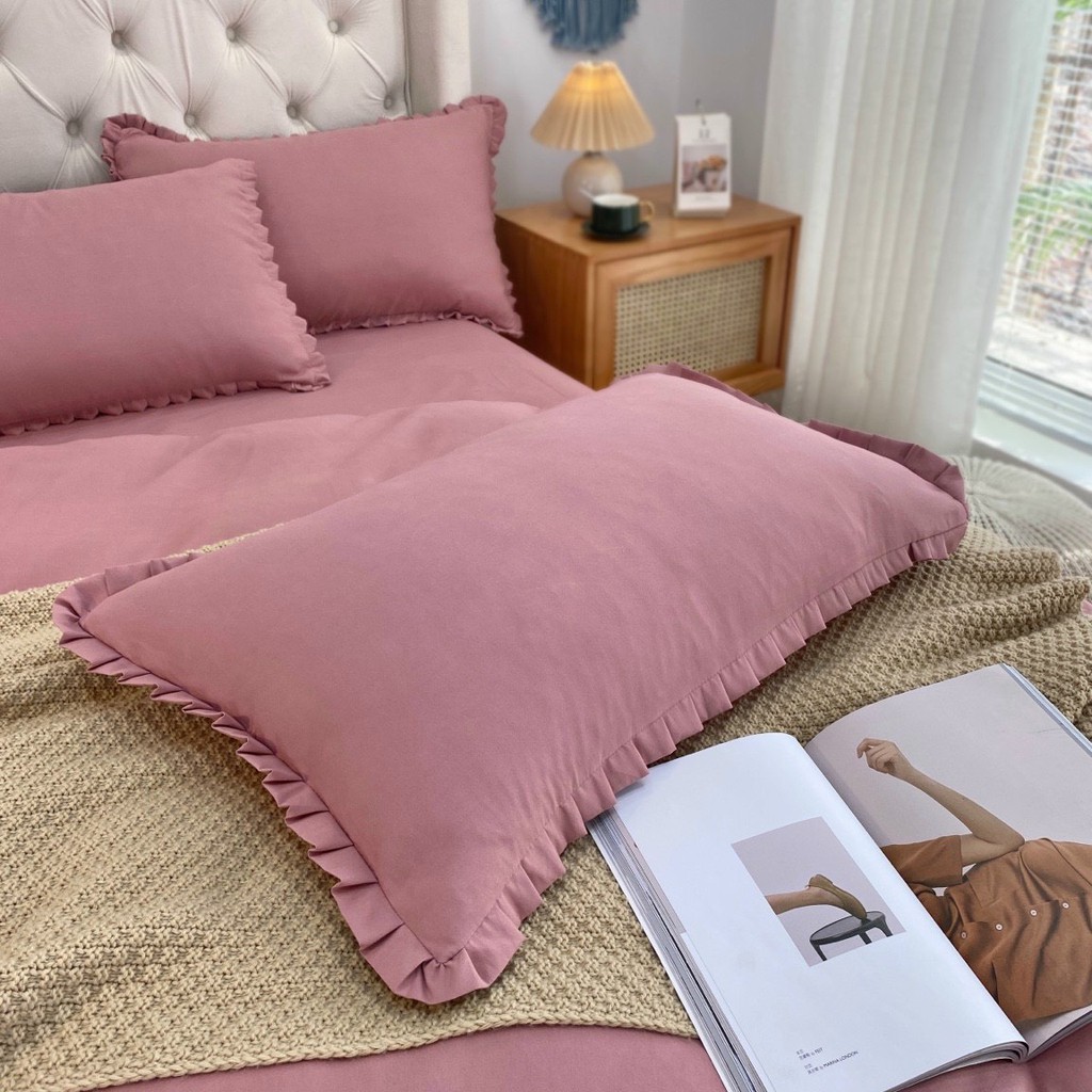 Bộ Chăn Ga Gối Cotton TICI LIDACO Bèo trơn - Hồng Phấn