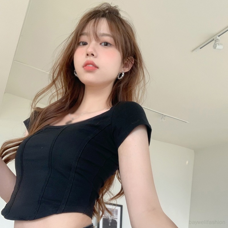 Áo Thun Croptop Cổ Vuông Tay Ngắn Dáng Ôm Thời Trang Mùa Hè Quyến Rũ Cho Nữ