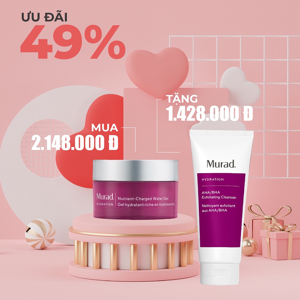 Combo dưỡng da Gel sạc nước Nutrient-Charged Water Gel và sữa rửa mặt AHA/BHA Exfoliating Cleanser MURAD