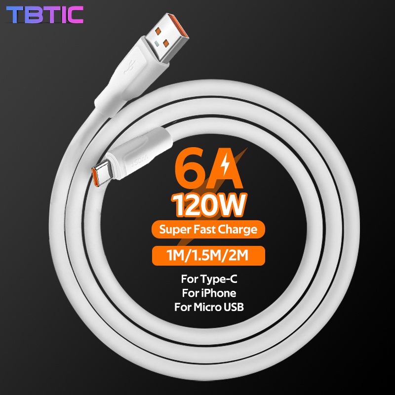 Dây cáp sạc TBTIC 120W 6A Micro USB Type C sạc nhanh thích hợp cho iPhone Huawei Xiaomi Redmi Oneplus
