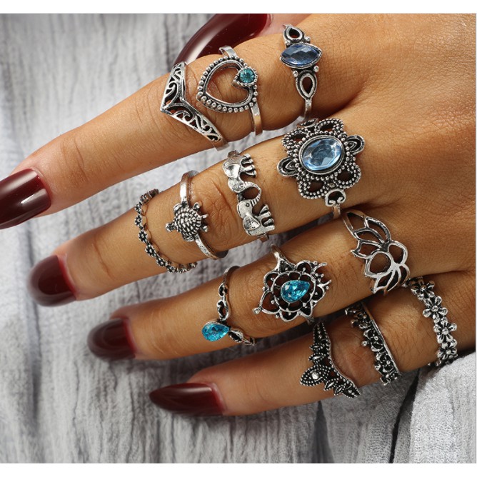 [Xả kho] Nhẫn set 13 chiếc - midi rings phụ kiện trang sức phong cách bohomian vintage đại dương xanh Hades.js