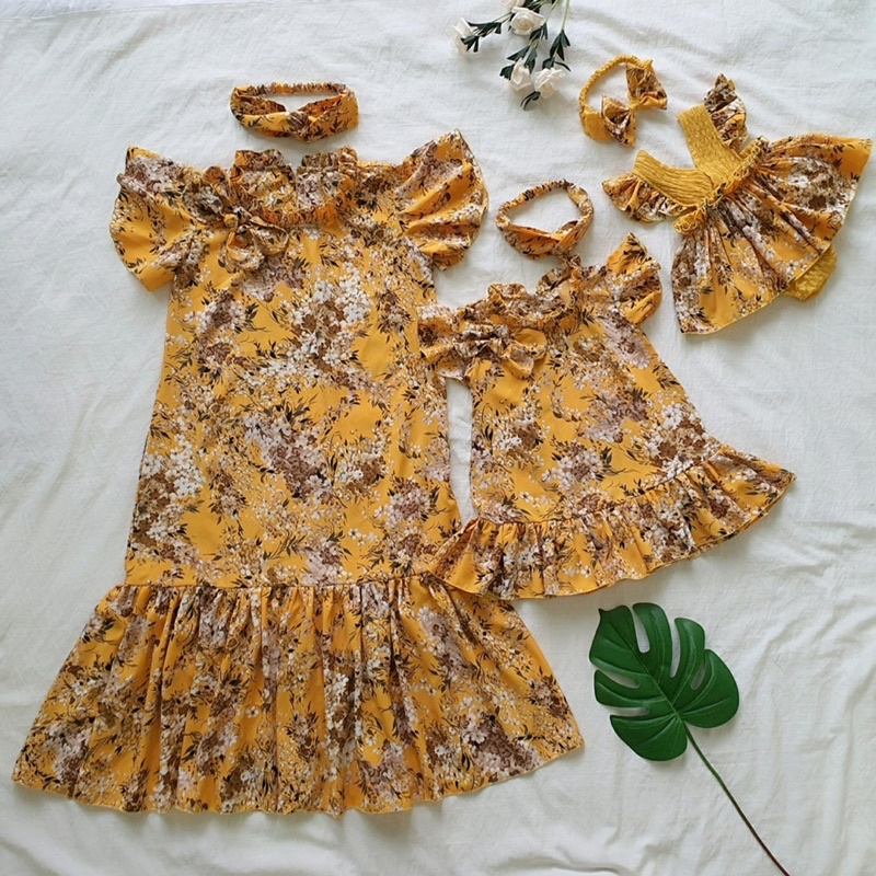 Váy Mẹ Và Bé Tơ Hoa Xanh NHÍM XÙ KIDS Cho Bé Gái Đi Chơi, Tắm Biển, Dự Tiệc V102