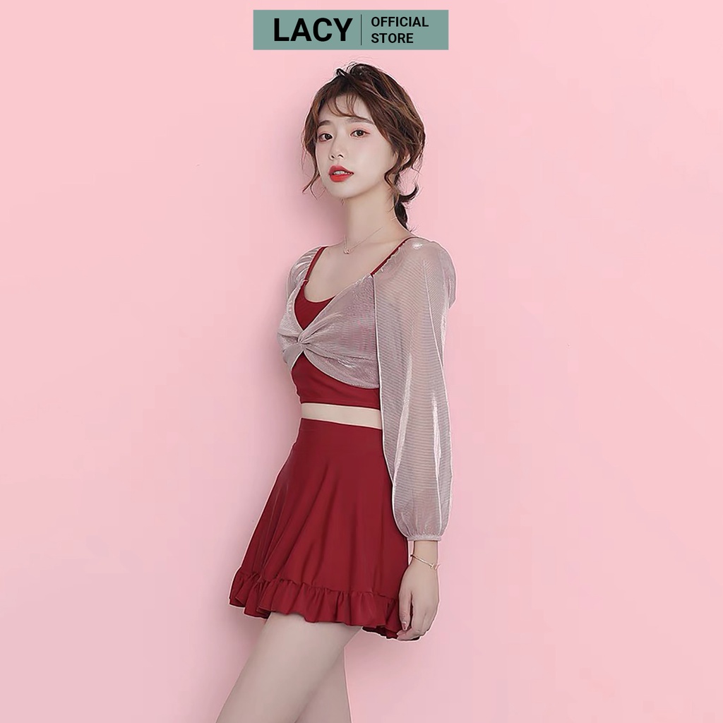Bikini 2 mảnh đi biển kín đáo dài tay có đệm mút ngực váy cạp cao có kèm quần đùi kiểu Hàn Quốc B150 LACY