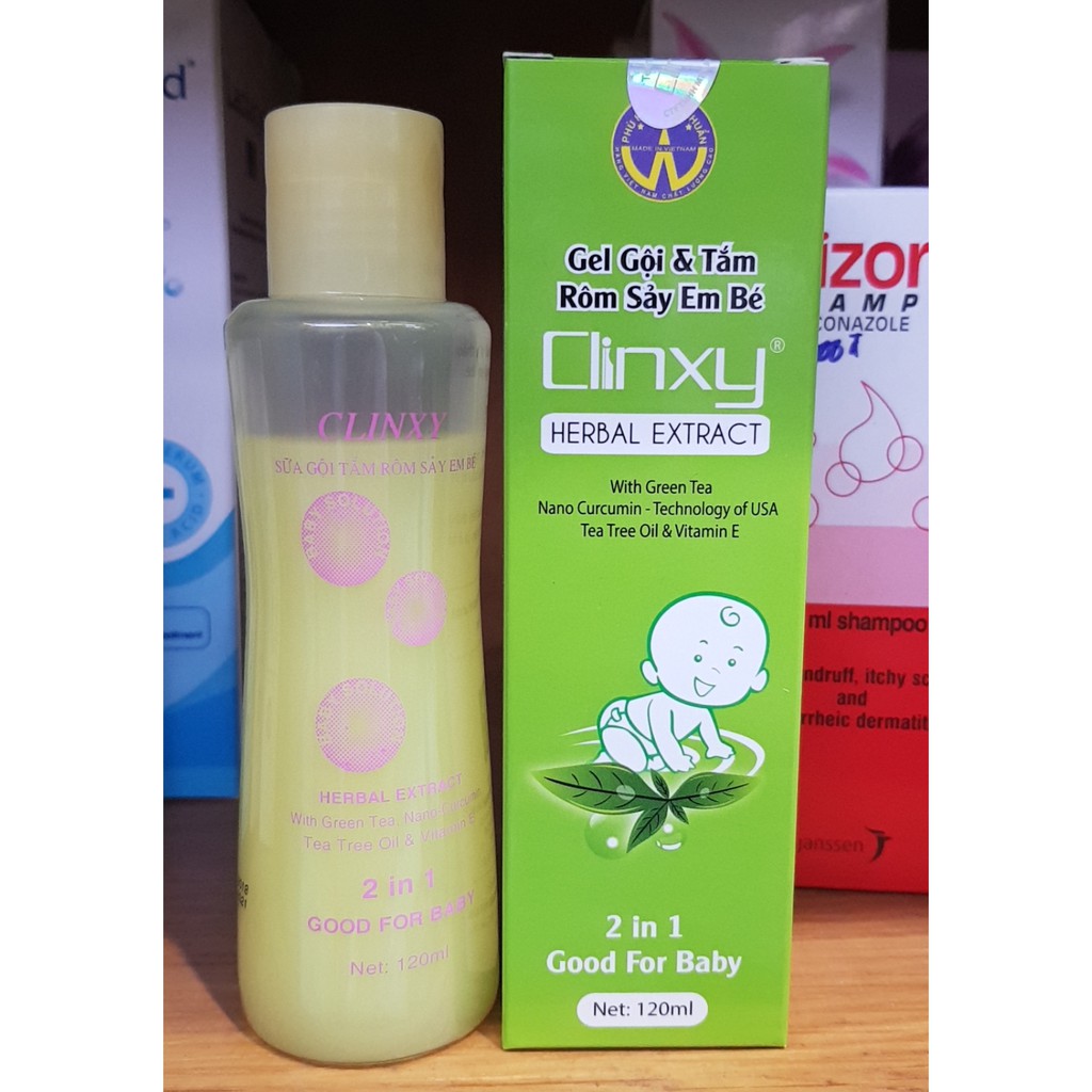 (chính hãng an toàn cho trẻ sơ sinh) gel gội và tắm rôm sảy em bé Clinxy herbal extract chai 120ml