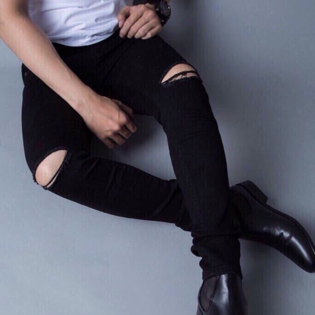 Quần jean đen skinny rách gối