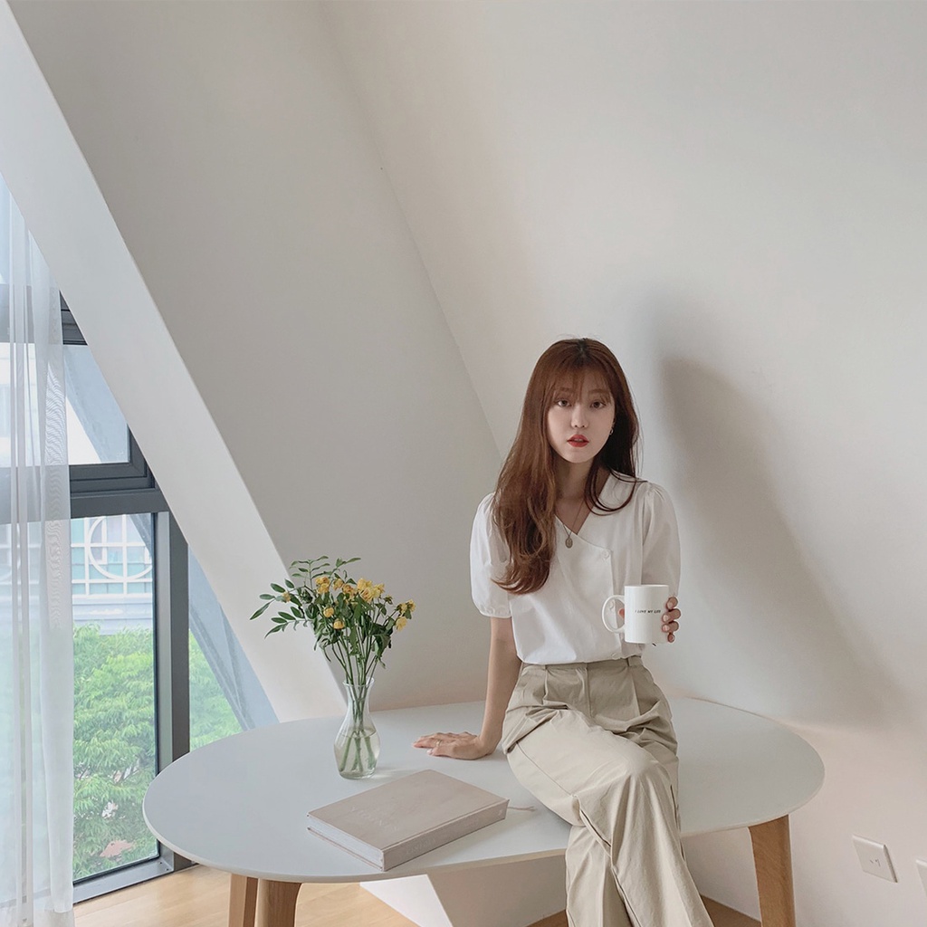 SUXI Áo Sơ Mi Tay Ngắn Cổ Chữ V Dáng Rộng Màu Sắc Đơn Giản Thời Trang Mùa Hè Cho Nữ