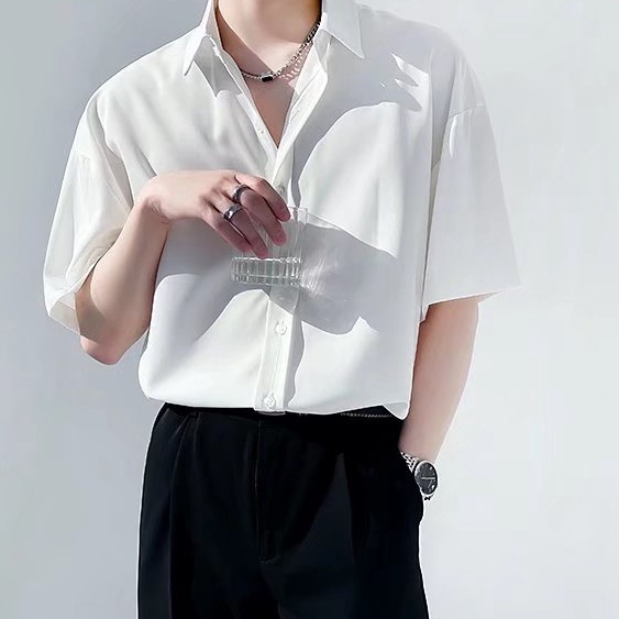 Áo Sơ Mi Nam Nữ Tay Ngắn Vải Lụa Lạnh Trơn Màu Xanh Lá Phong Cách Retro Hàn Quốc Cho áo kiểu hàn quốc áo sơ mi unisex lụa áo phong cách nhật bản sơ mi hoạ nam ngắn tay