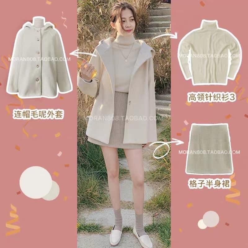 set 3 món, áo khoác dạ, chân váy, áo len cổ lọ chất đẹp sang xịn mịn.