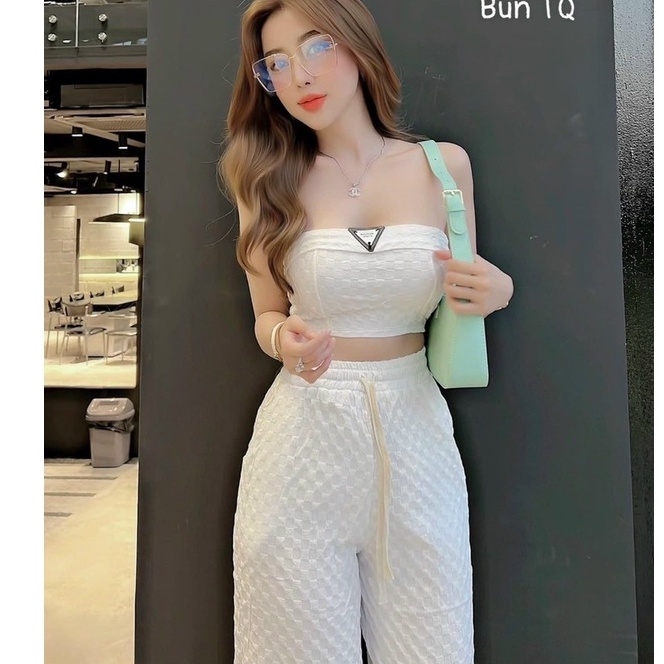 Sét bộ quần ống rộng áo kiểu crotop có kèm mút màu sắc hài hòa nhã nhặn thời trang nữ dự tiệc,dạo phố đi chơi
