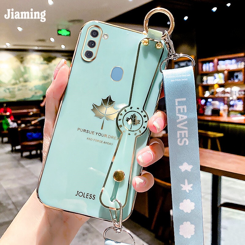 Ốp Điện Thoại Viền Lá Phong Mạ Điện Sang Trọng + Dây Đeo Cổ Tay Cho Samsung Galaxy A11 M11