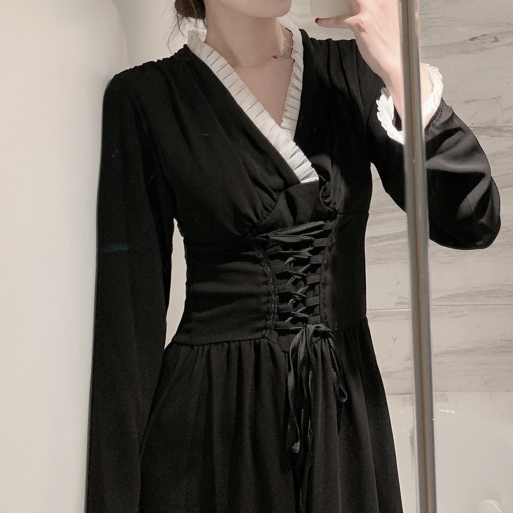 Đầm tiểu thư black basic cổ V thắt eo phối phong cách Pháp kèm ảnh thật ♥︎ | BigBuy360 - bigbuy360.vn