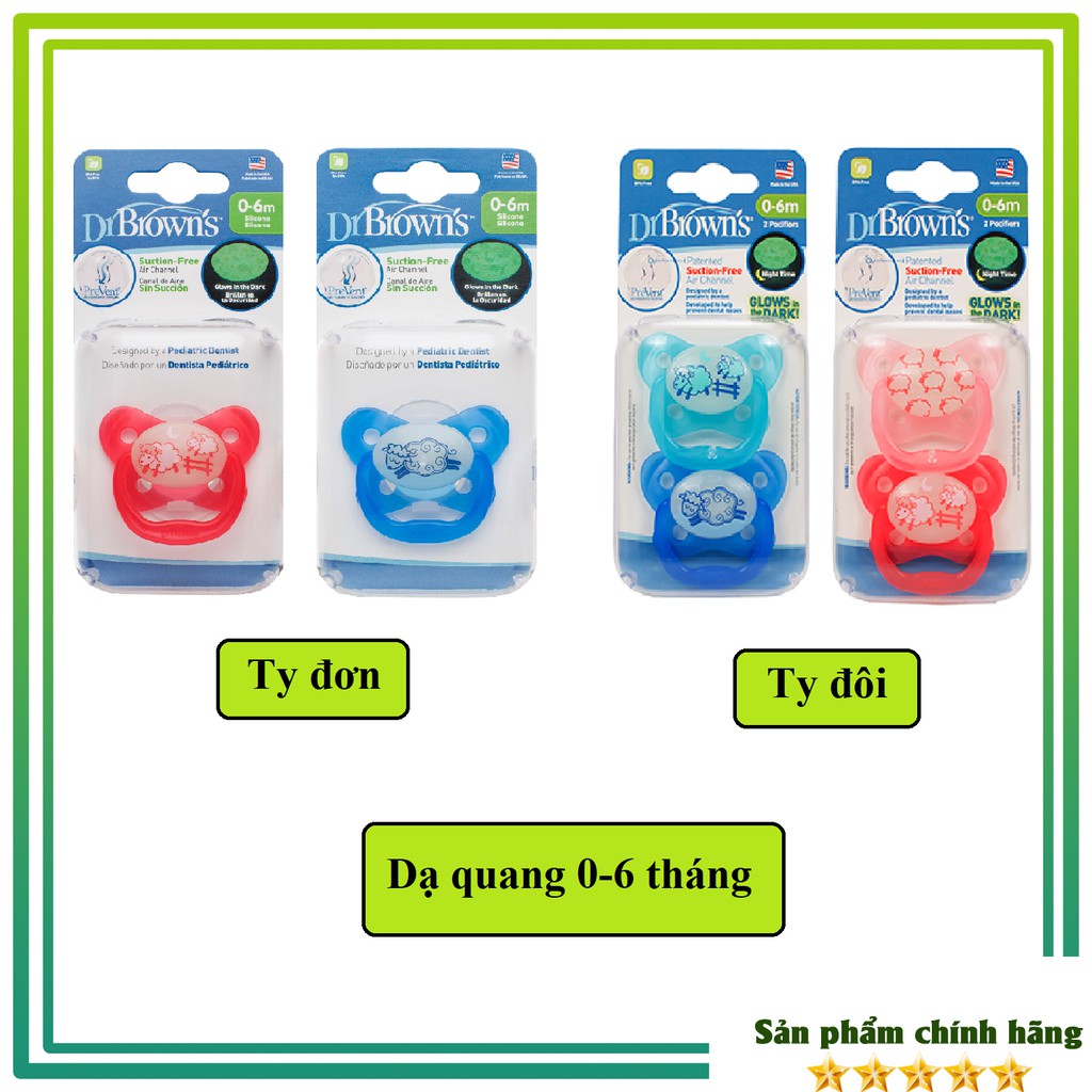 Set 2 ti giả PHÁT SÁNG CHỐNG VẨU ti ngậm chỉnh nha an toàn cho bé Dr.Brown's - USA (mẫu mới nhất)